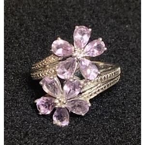 Sterling Silver and Amethyst Ring Double Flower w/ Zircon Center Size 9